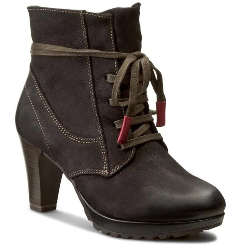 Tamaris Womens US 5.5 Black Nubuck Leather Heeled Ankle Boot Lace Up